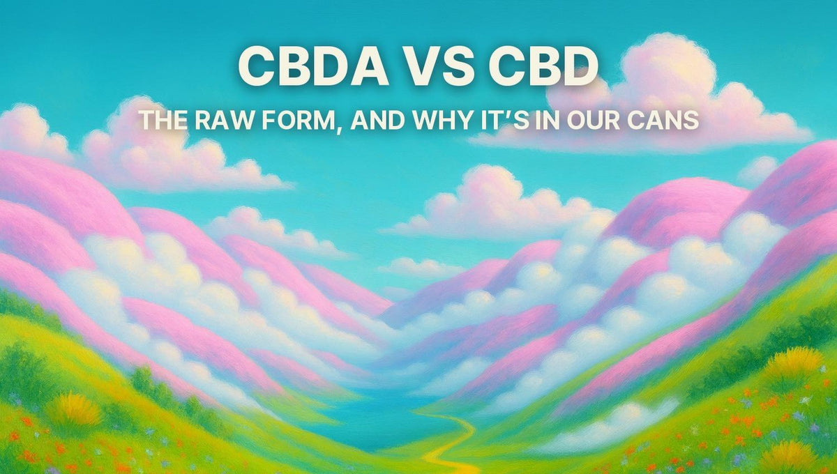 Painted Cottondew Clouds region of Highlandia, cotton-candy pink hills and drifting clouds above a green valley, under the title CBDA vs CBD