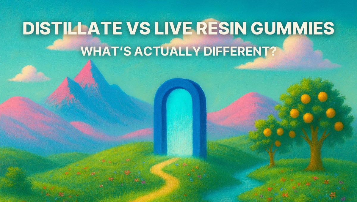 Painted Highlandia meadow with a glowing cobalt arch doorway at the end of a winding path, pink hills and citrus trees, under the title Distillate vs Live Resin Gummies