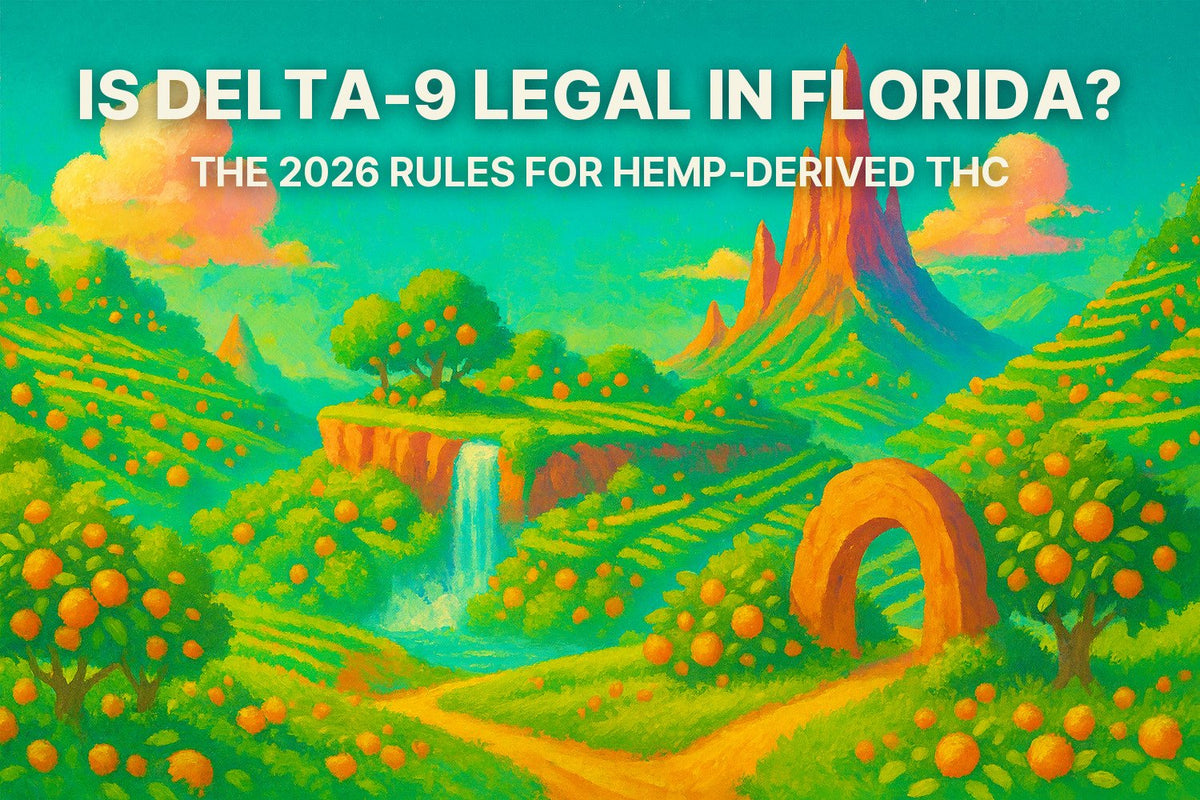 Illustrated coastal landscape hero image with the title Is Delta-9 Legal in Florida?