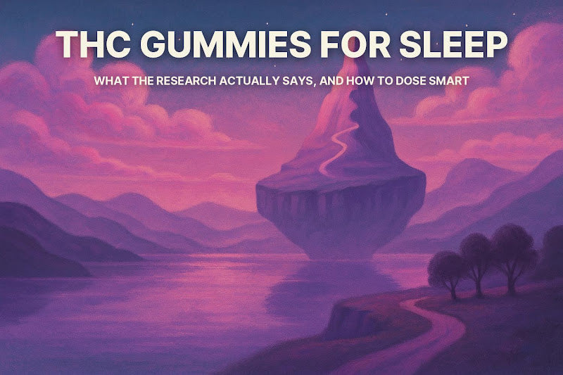 Illustrated night landscape hero image with the title THC Gummies for Sleep