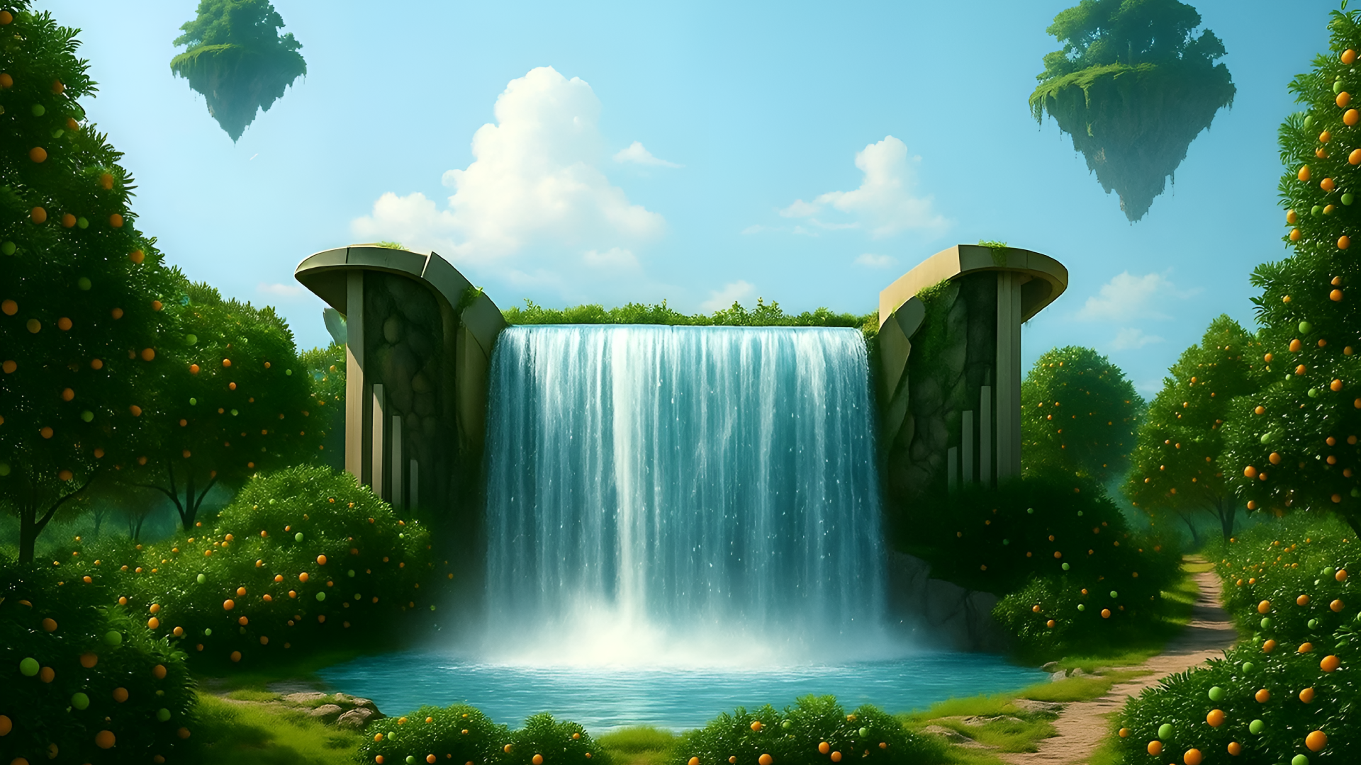 Tangilime Grove jungle landscape with waterfall and orange-tree islands—a humid, sun-warm corner of Highlandia where everything feels tangy and alive