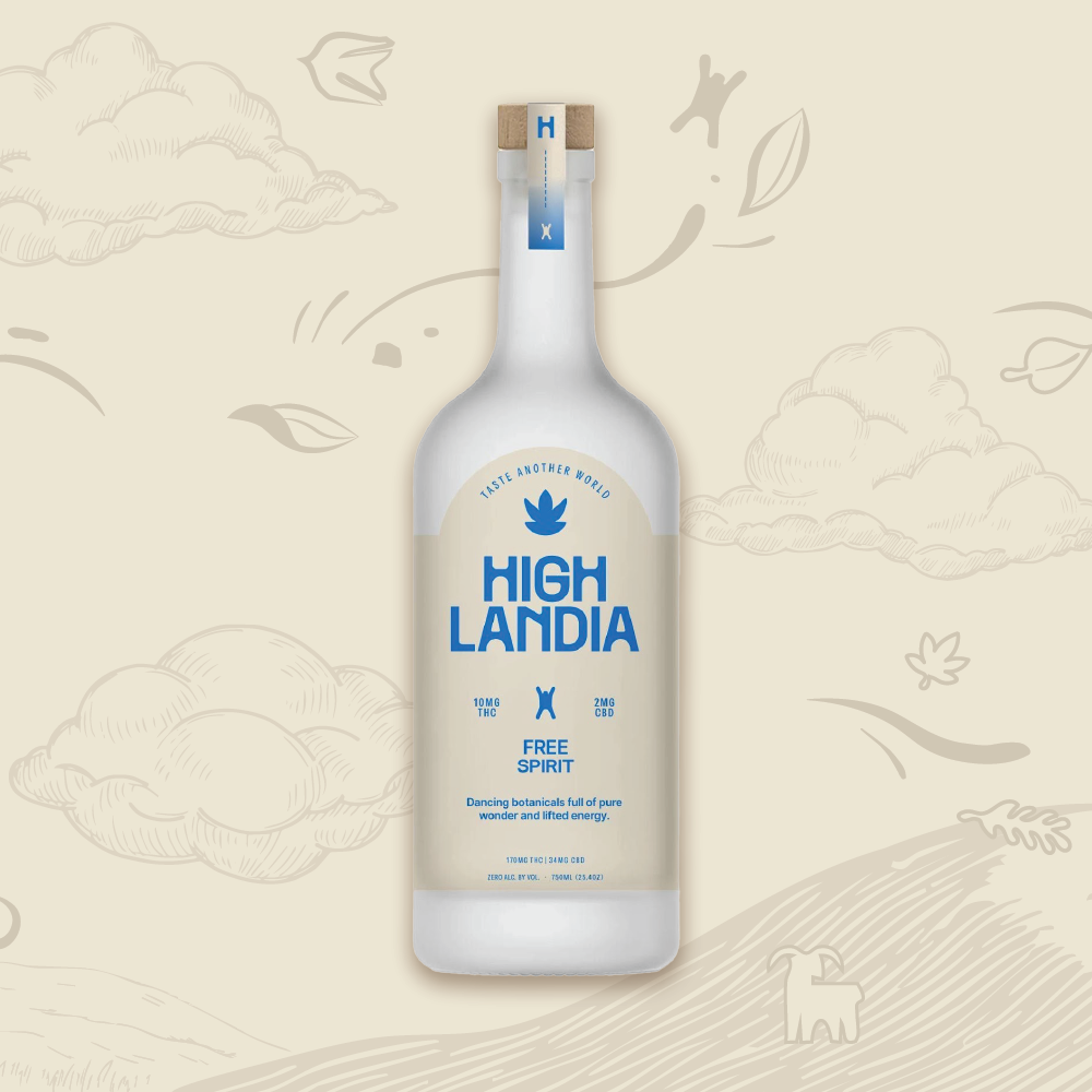 Free Spirit THC drink mixer bottle on a Highlandia breezy landscape with a sheep