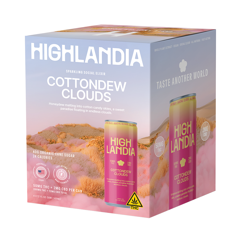 Cottondew Clouds 50mg THC drink 4-pack box with pink dunes design and two cans