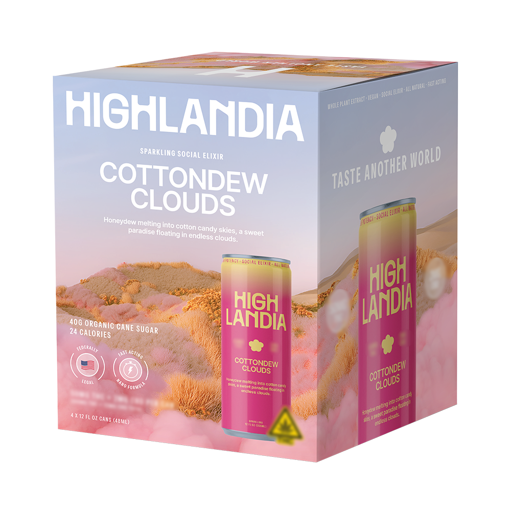 Highlandia Cottondew Clouds 50mg THC drink 4-pack box with pink dunes design and two cans