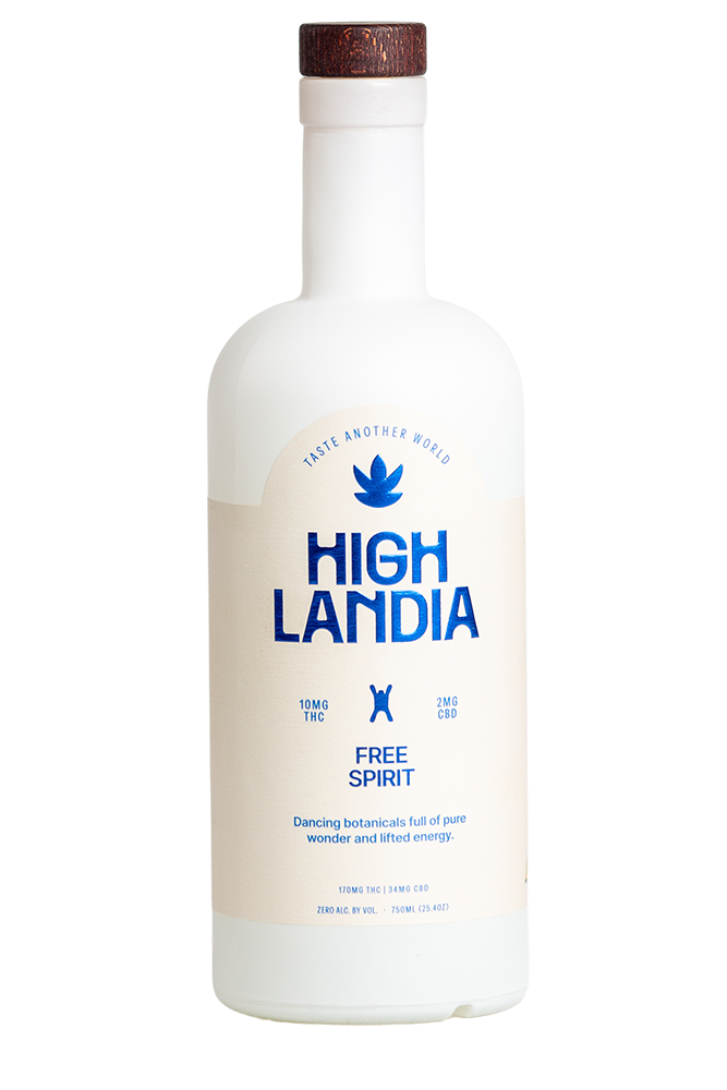 Free Spirit 10mg THC drink mixer bottle on a plain backdrop