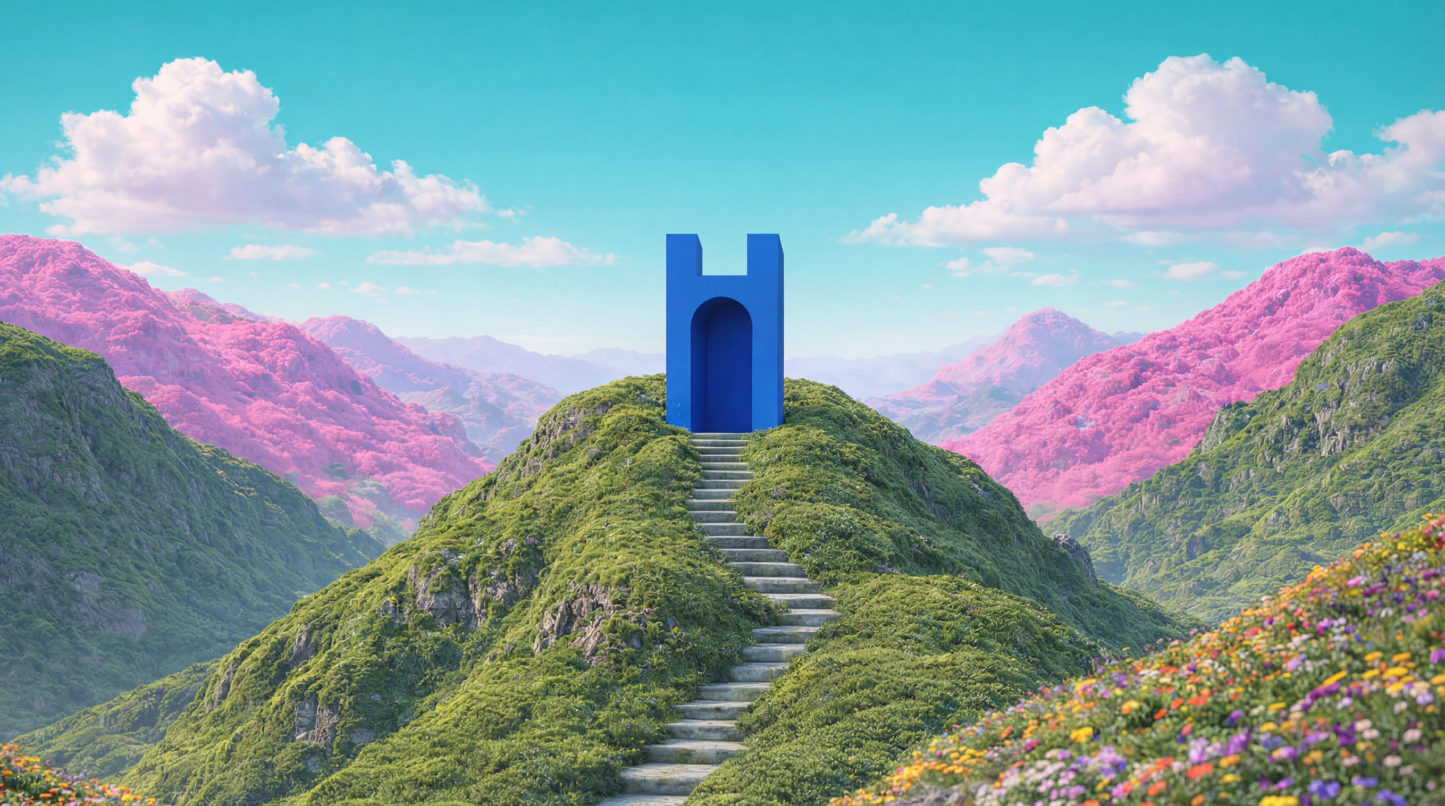Highlandia hero gateway: blue door atop a green peak in a colorful mountain valley under fluffy clouds. The portal is always open—a step into a land floating above the ordinary, beyond stress, beyond the everyday.