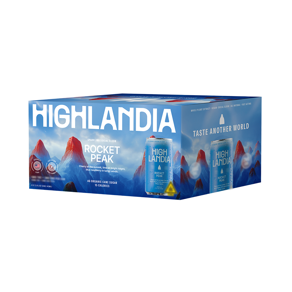 Highlandia Rocket Peak 5mg THC drink 6-pack box with red mountain design