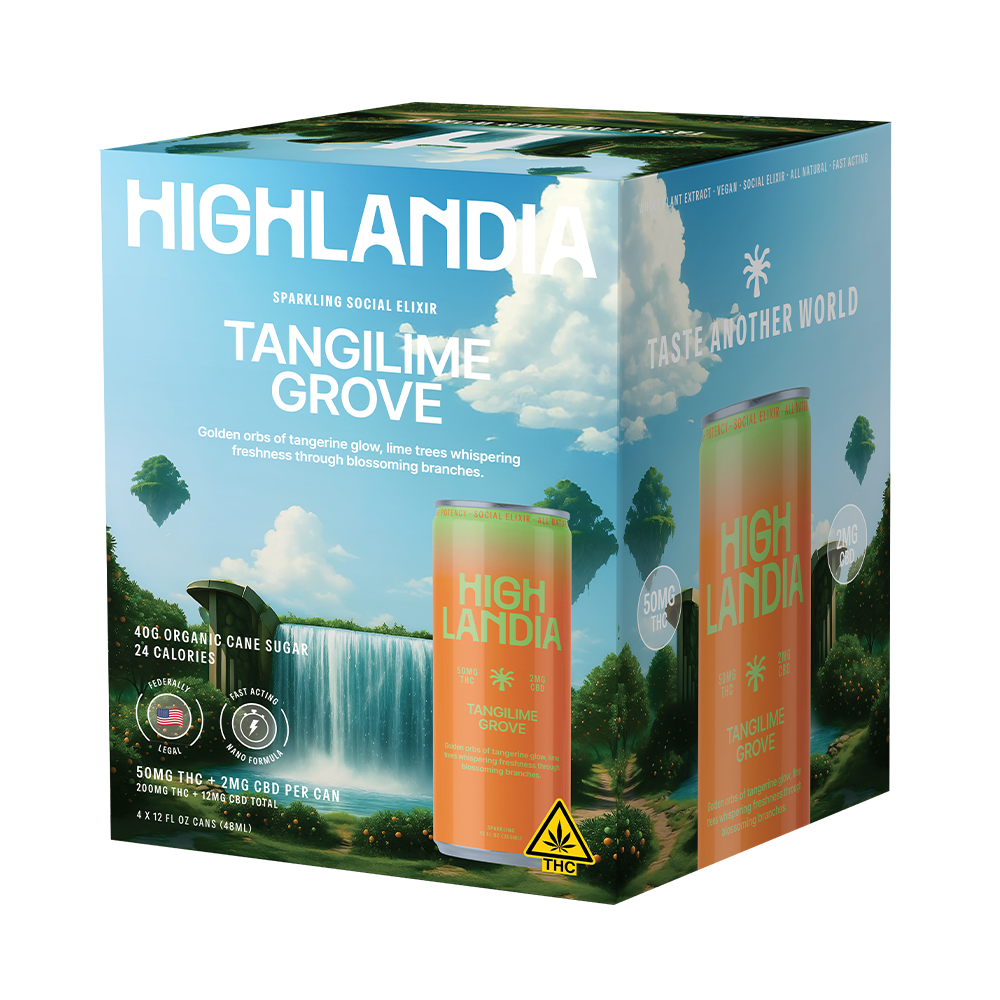 Tangilime Grove 50mg THC drink 4-pack box with jungle design