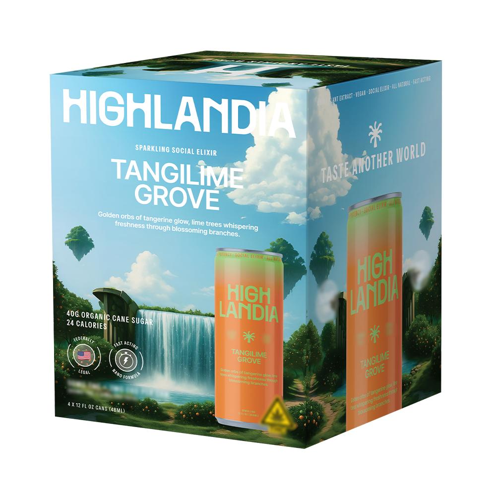 Highlandia Tangilime Grove 50mg THC drink 4-pack box with jungle design
