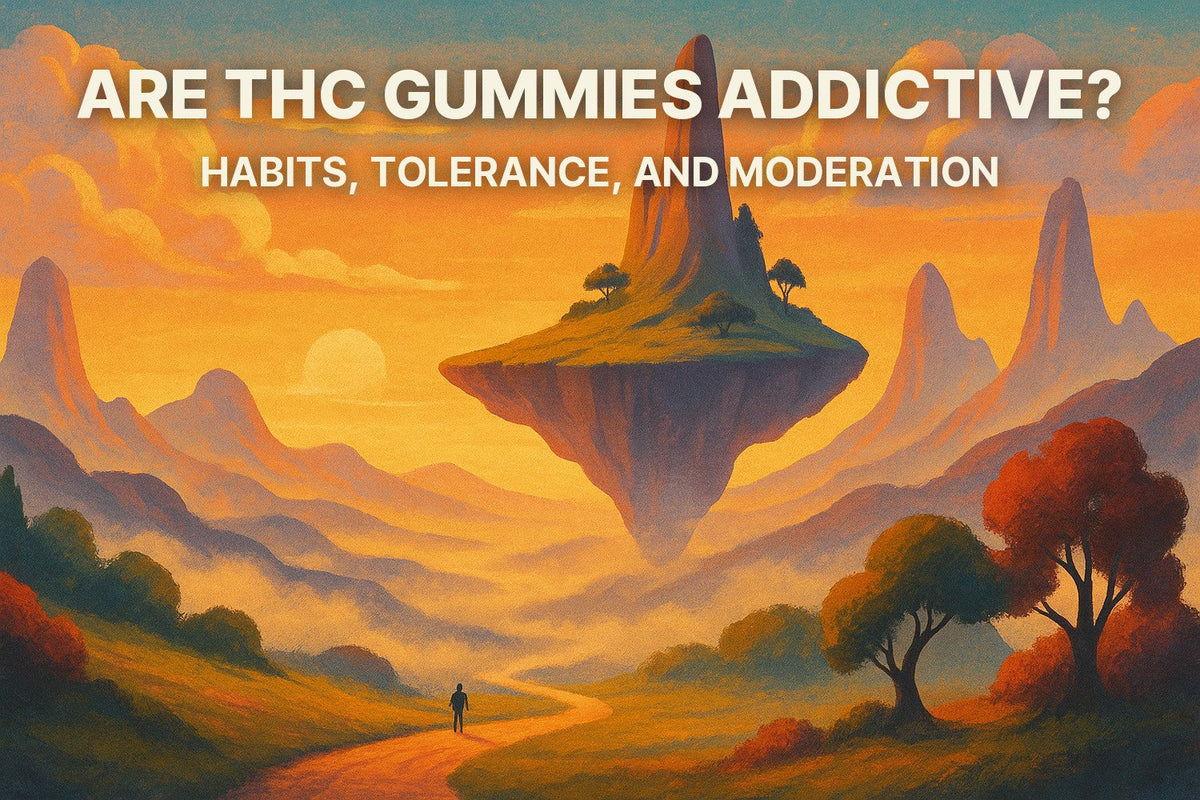 Illustrated mountain landscape hero image with the title Are THC Gummies Addictive?