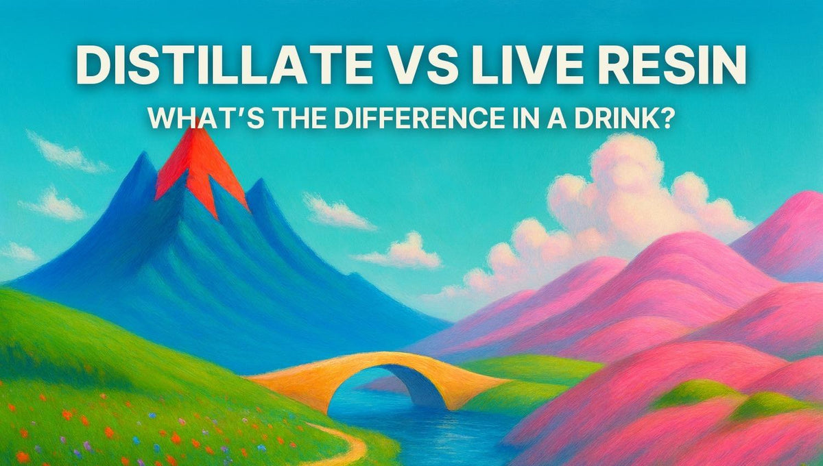 Painted Highlandia landscape where a cherry-red-tipped cobalt peak meets the pink cotton-candy hills of Cottondew Clouds across a stone bridge, under the title Distillate vs Live Resin