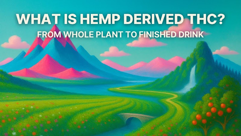 Painted panorama of Highlandia with pink and blue peaks, green fields, a stone bridge and a jungle waterfall, under the title What Is Hemp Derived THC?