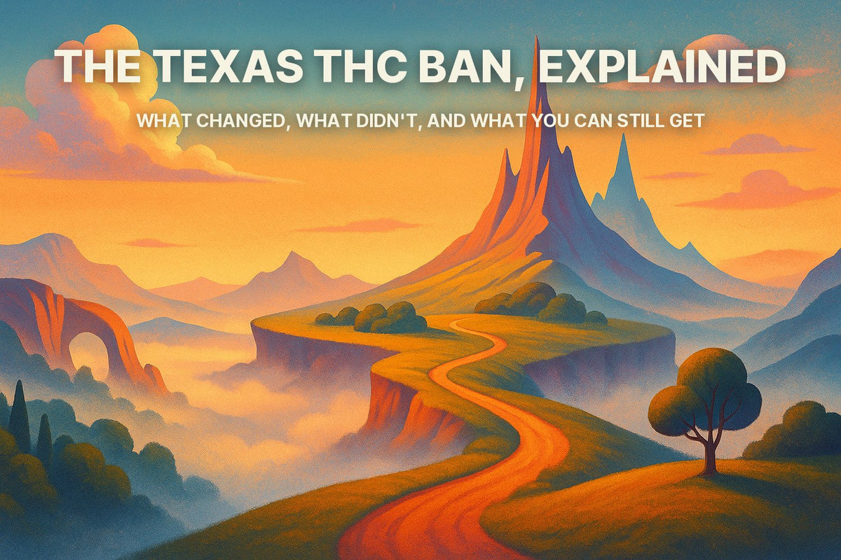 Illustrated mountain landscape hero image with the title The Texas THC Ban, Explained.