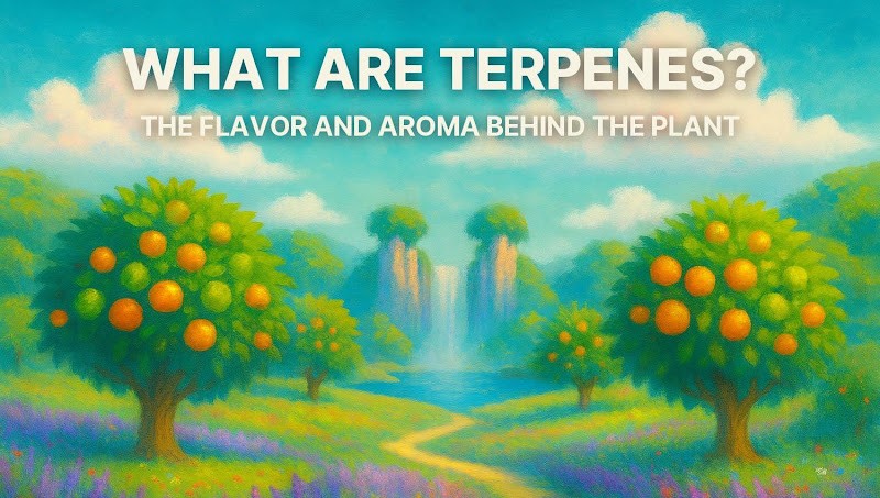 Painted Tangilime Grove region of Highlandia, a waterfall between stone pillars framed by tangerine and lime trees and lavender, under the title What Are Terpenes?