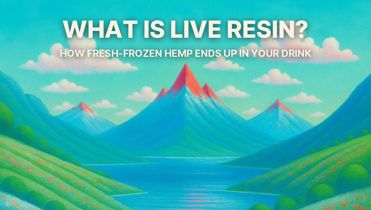 Painted Rocket Peak region of Highlandia, cobalt-blue mountains with cherry-red summits above green terraced hills and a turquoise lake, under the title What Is Live Resin?