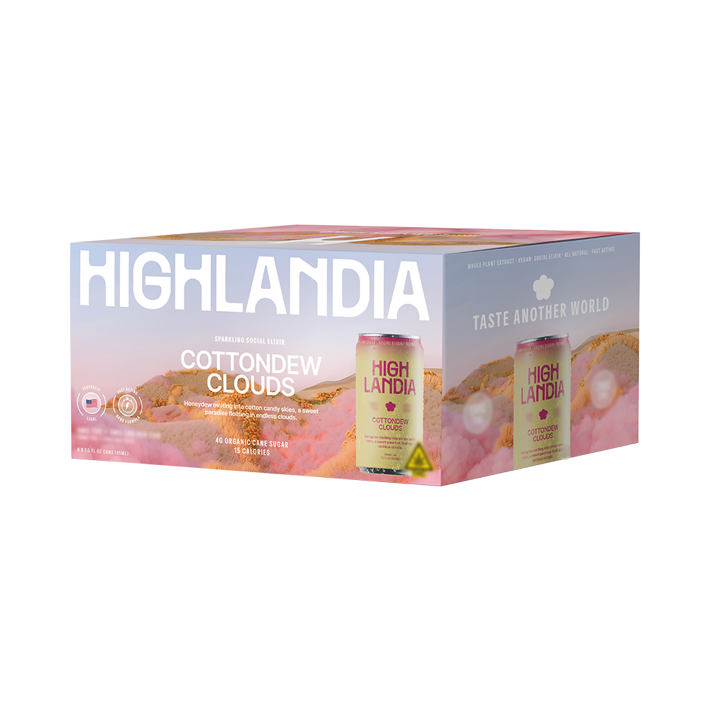 Highlandia Cottondew Clouds 5mg THC drink 6-pack box with pink dunes design