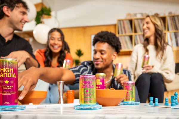 Cottondew Clouds 5mg THC drink lifestyle scene—gentle weeknight unwind moment with friends