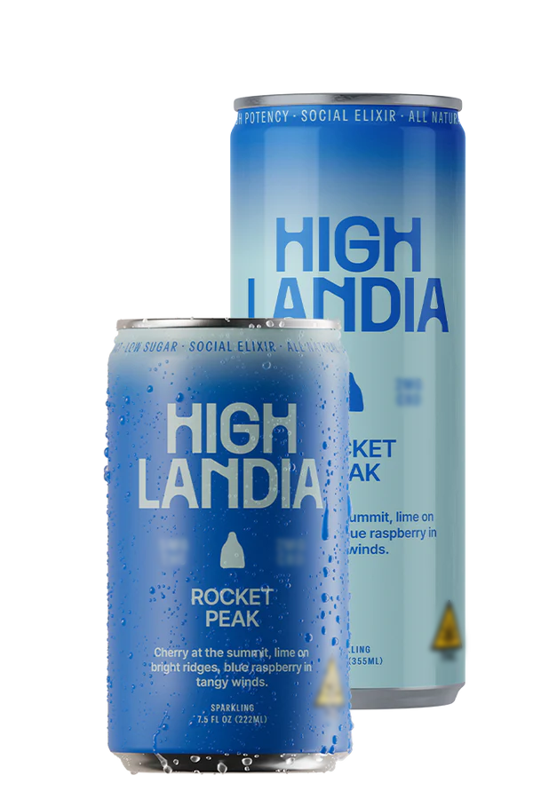 Rocket Peak banner—red and blue mountain horizon, the elevated end of Highlandia where the altitude does the talking