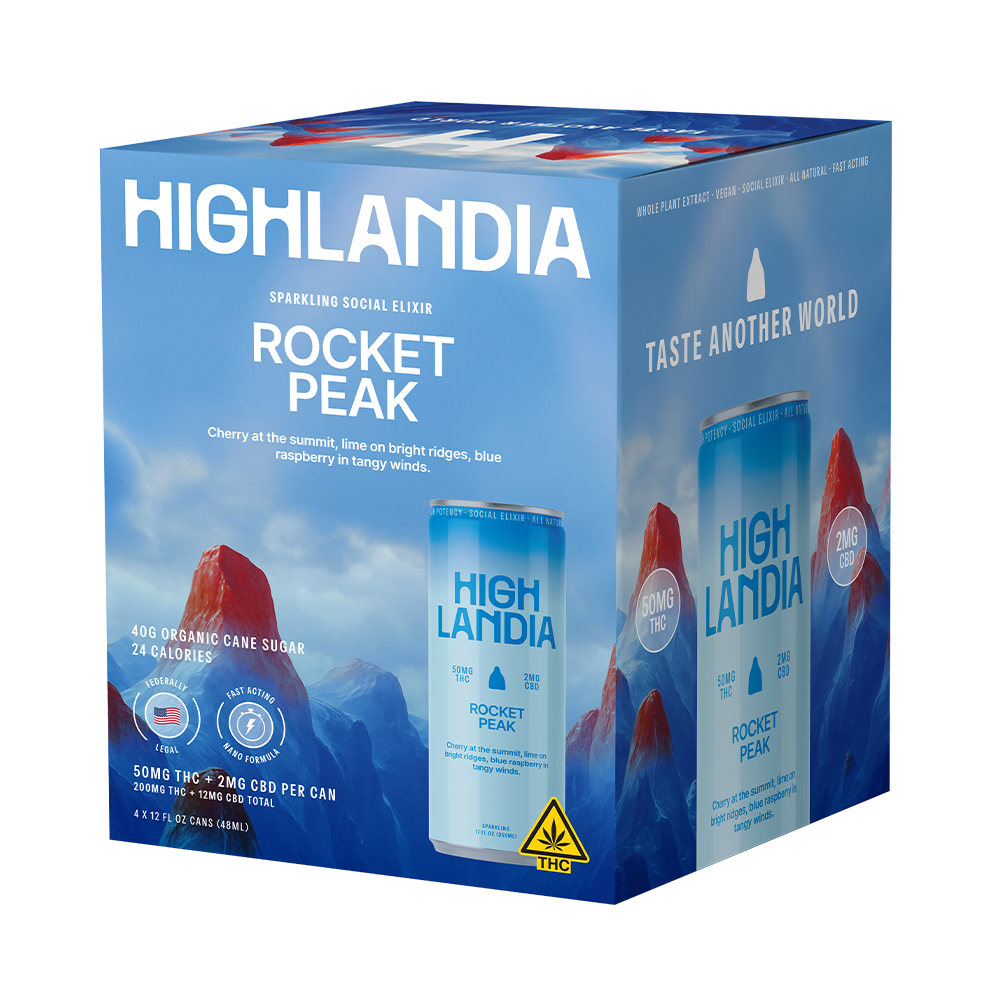 Rocket Peak 50mg THC drink 4-pack box with red mountain design