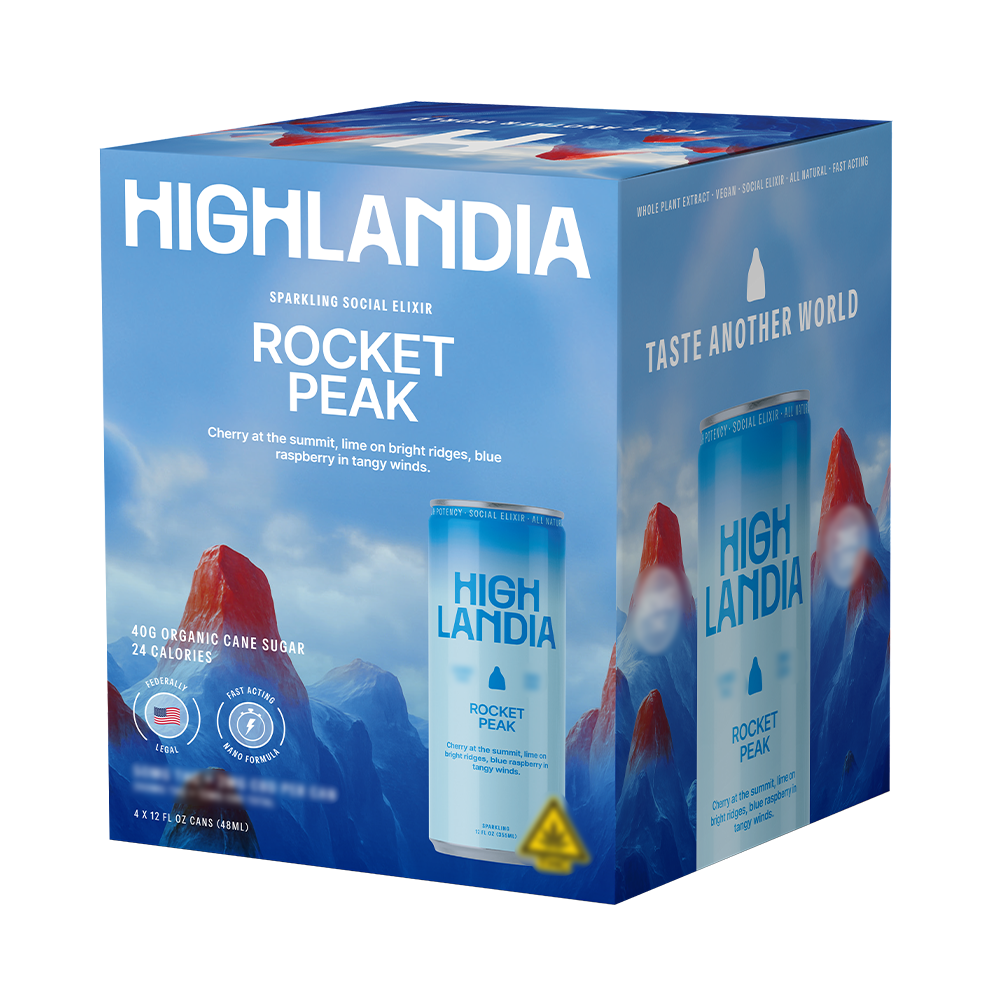 Highlandia Rocket Peak 50mg THC drink 4-pack box with red mountain design
