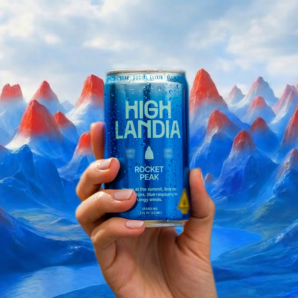 Individual hand holding Rocket Peak 5mg THC drink in front of red and blue mountain peaks