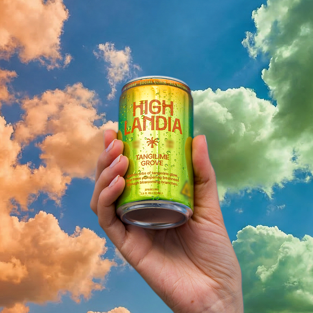 Individual hand holding Tangilime Grove 5mg THC drink under a sky of orange and green clouds